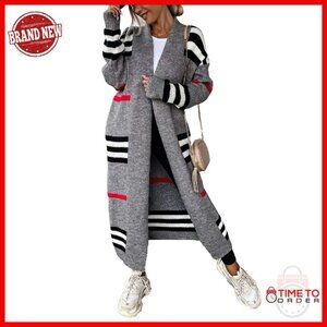 Vintage Striped Maxi Cardigan Sweater Open Front Knit Pockets